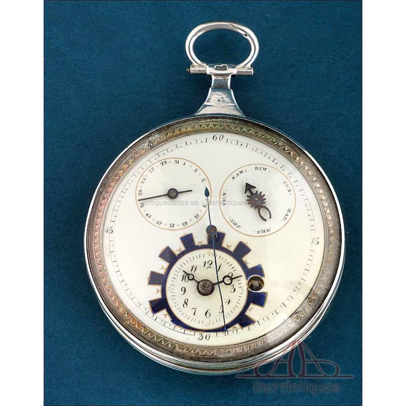 Raro Reloj de Bolsillo Catalino en Plata con Calendario de Días y Meses, Francia, 1820