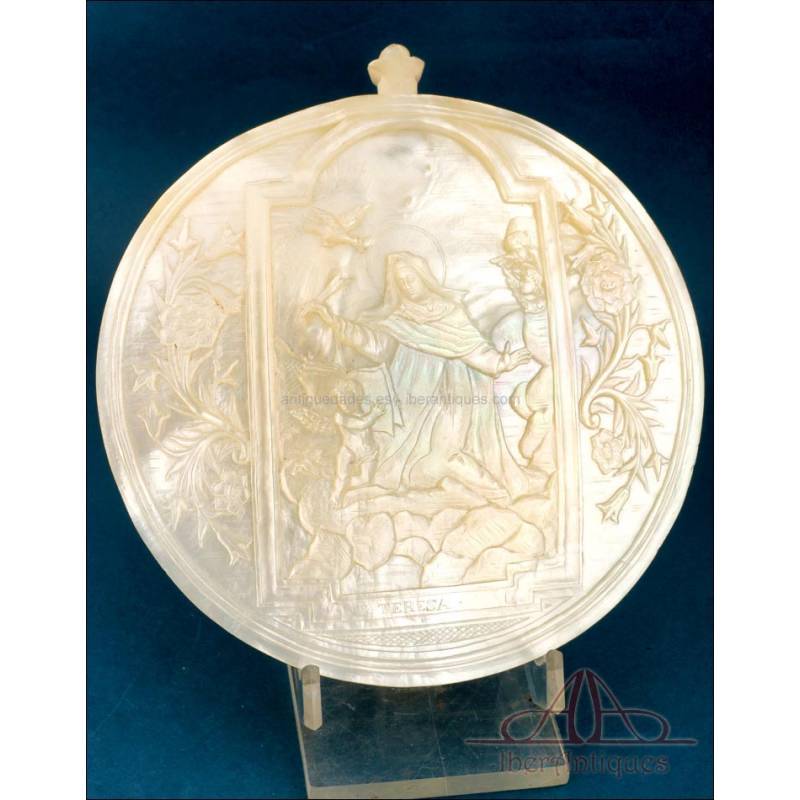 Antique Mother-of-Pearl Plaque with Saint Teresa of Jesus