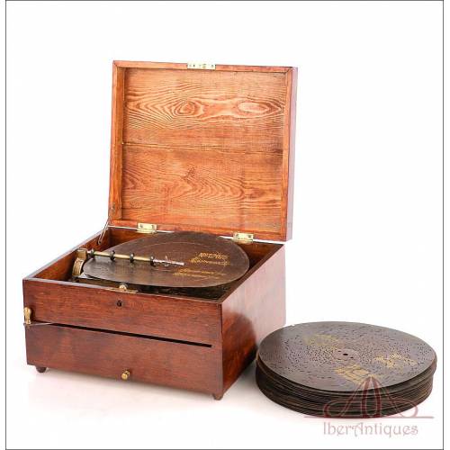 Antique Adler Music Box with 19 Interchangeable Discs, Germany, 1900