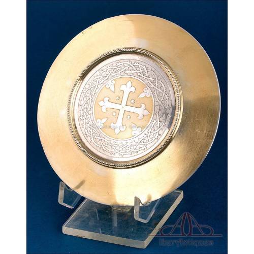 Antique Gilt Silver Paten with Cross and Thorns. France, Circa 1900