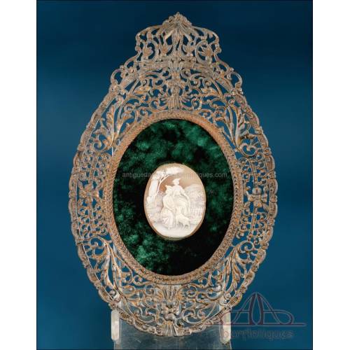 Antique Cameo in Metal-Plated Frame on Green Velvet, 19th Century