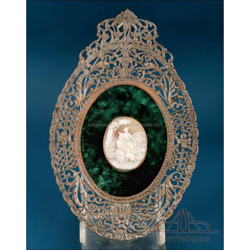 Antique Cameo in Metal-Plated Frame on Green Velvet, 19th Century