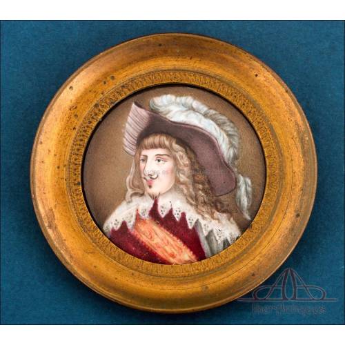 Antique French Musketeer Enamel or Miniature on Copper, 19th Century