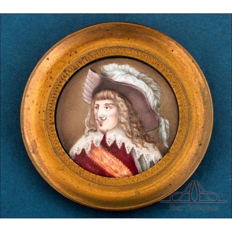 Antique French Musketeer Enamel or Miniature on Copper, 19th Century