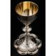 Spectacular Chalice and Paten Set in Solid Silver Contrasted. France, Circa 1900