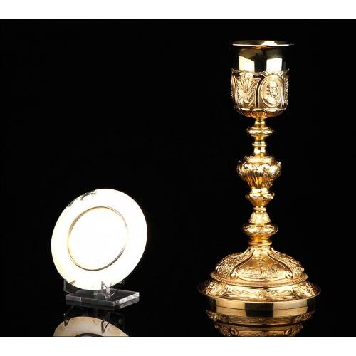 Antique French Solid Silver Chalice with Paten. France, 19th Century