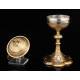 Beautiful Eucharistic Ciborium in solid silver and brass. France, XIX Century