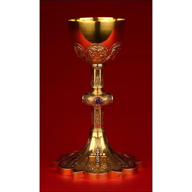 Elegant Antique Chalice in Solid Silver Gilt and Rhinestones, Circa 1870.