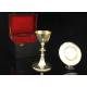 Fantastic set of solid silver chalice and paten. With contrasts. Period case.