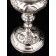 Precious Eucharistic Ciborium in Solid Silver with Contrasts. Barcelona, XIX Century