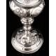 Precious Eucharistic Ciborium in Solid Silver with Contrasts. Barcelona, XIX Century