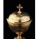 Elegant Solid Silver Contrasted Silver Ciborium, Hand Carved. France, XIX Century