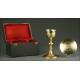 French Set of Chalice with Paten. Silver and Gilded Bronze, XIX Century. Original Case