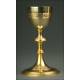 French Set of Chalice with Paten. Silver and Gilded Bronze, XIX Century. Original Case