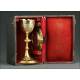 French Set of Chalice with Paten. Silver and Gilded Bronze, XIX Century. Original Case