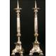 Pair of church candlesticks in nickel silver. XIX Century