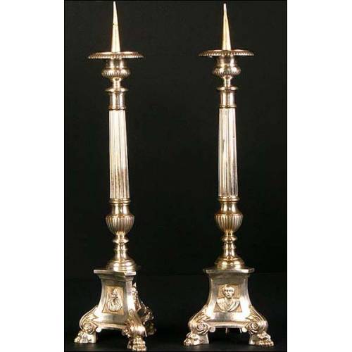 Pair of church candlesticks in nickel silver. XIX Century