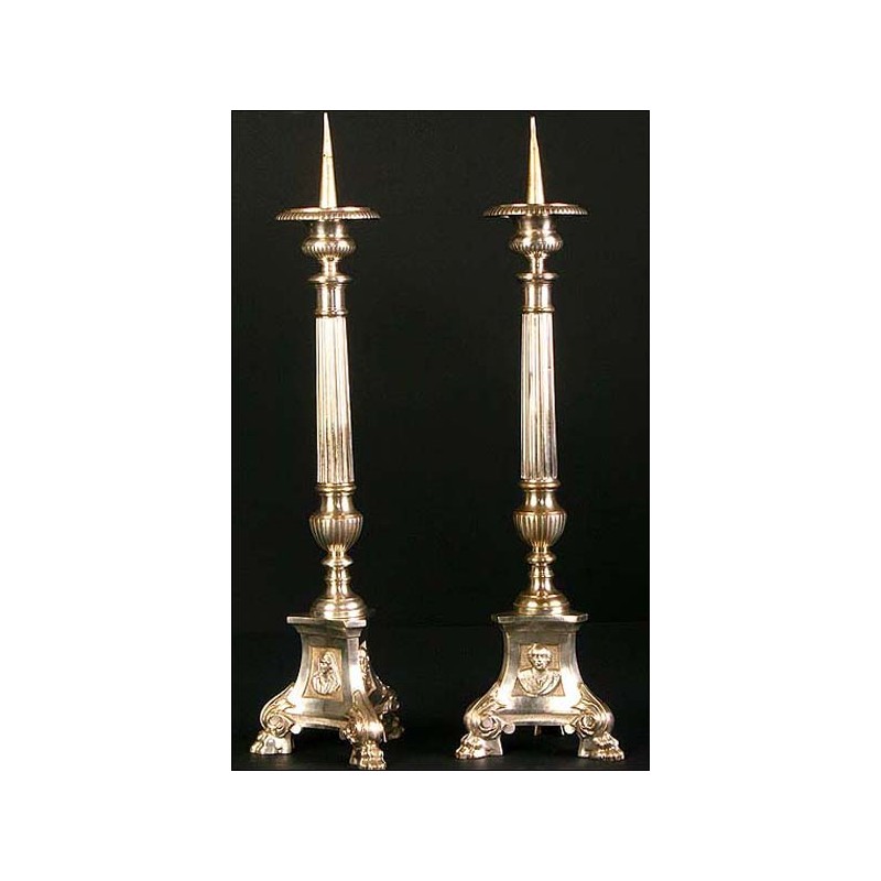 Pair of church candlesticks in nickel silver. XIX Century