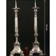 Pair of church candlesticks in nickel silver. XIX Century