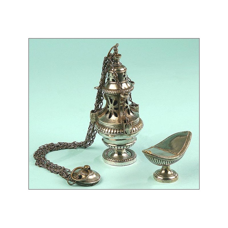 Censer and Naveta in silver plated bronze. France. Late 19th or Early 20th Century.