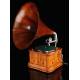 Precious horn gramophone with Inlaid Box, Working. Switzerland, 1910-15