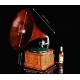 Precious horn gramophone with Inlaid Box, Working. Switzerland, 1910-15