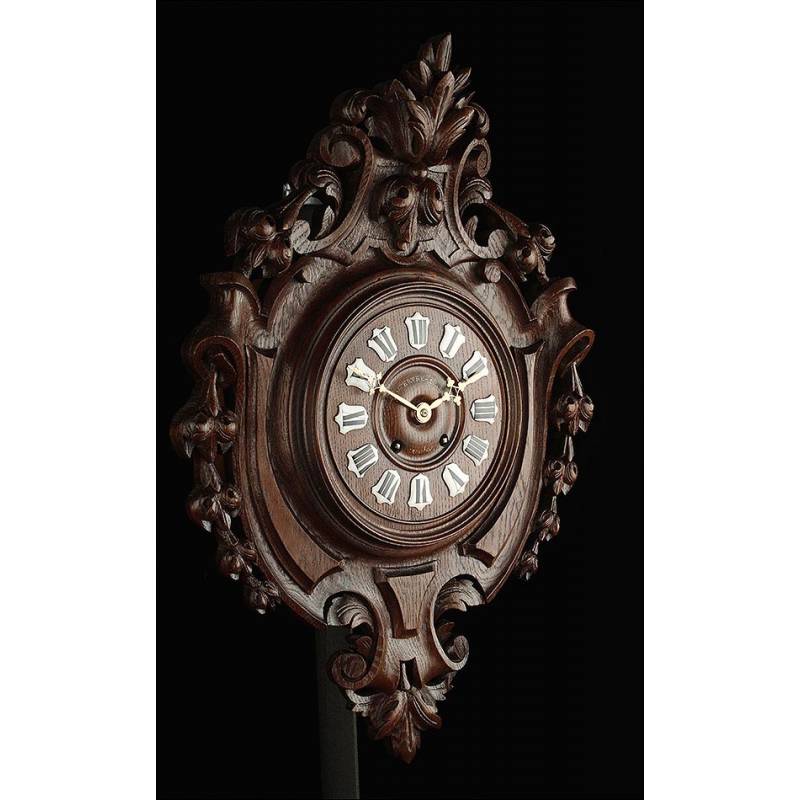 Fantastic Wall Clock with carved solid wood case. France Circa 1870