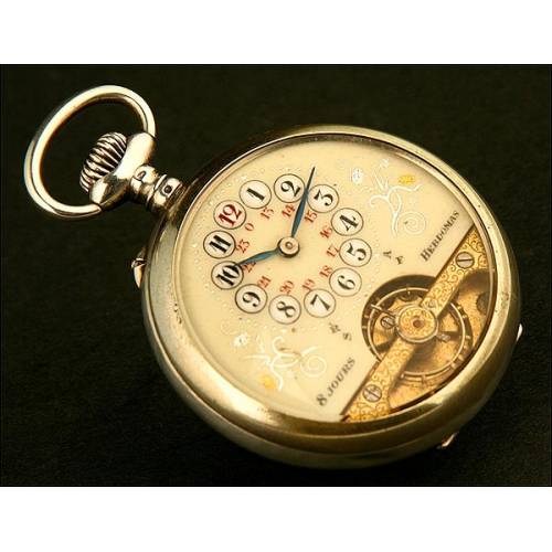 Lepine Pocket Watch, Hebdomas, Switzerland, Solid Silver, 8 Days Wind, Year 1890. Unusual