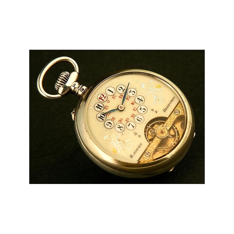 Lepine Pocket Watch, Hebdomas, Switzerland, Solid Silver, 8 Days Wind, Year 1890. Unusual