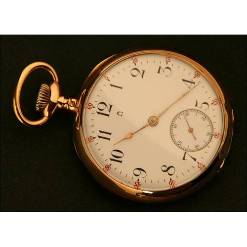 Swiss Lepine Pocket Watch, Omega Watch Co. 18K Gold, Year 1910.