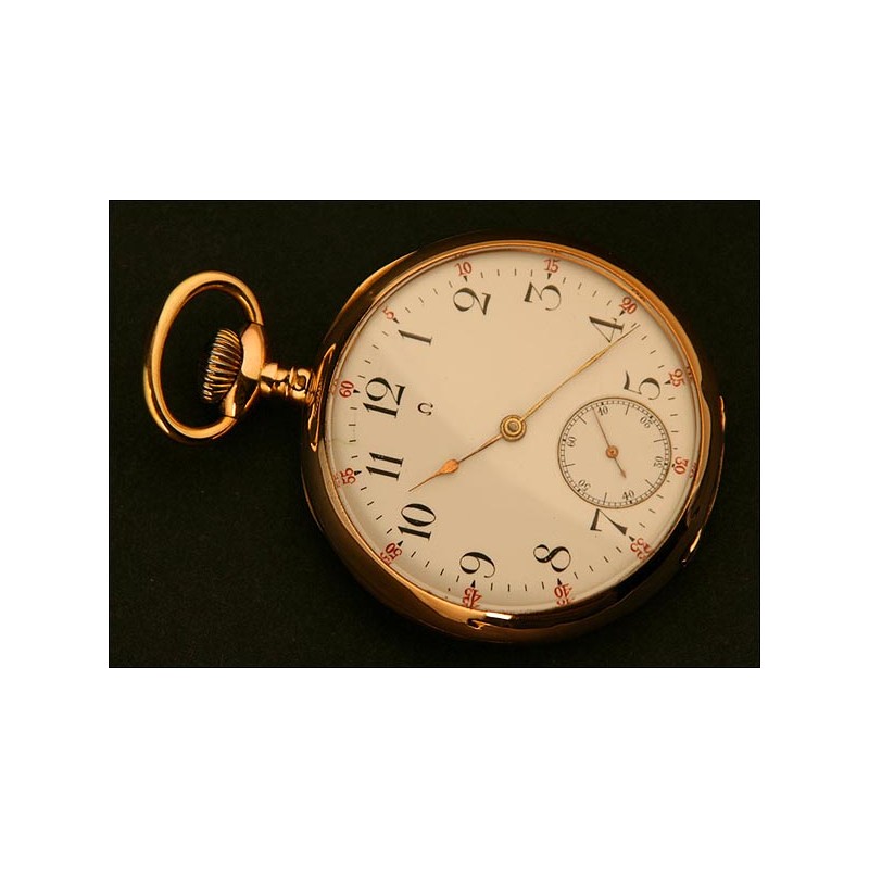 Swiss Lepine Pocket Watch, Omega Watch Co. 18K Gold, Year 1910.