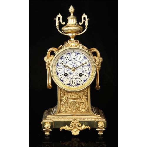 Impressive Antique Bronze and Porcelain Mantel Clock. France, 19th Century