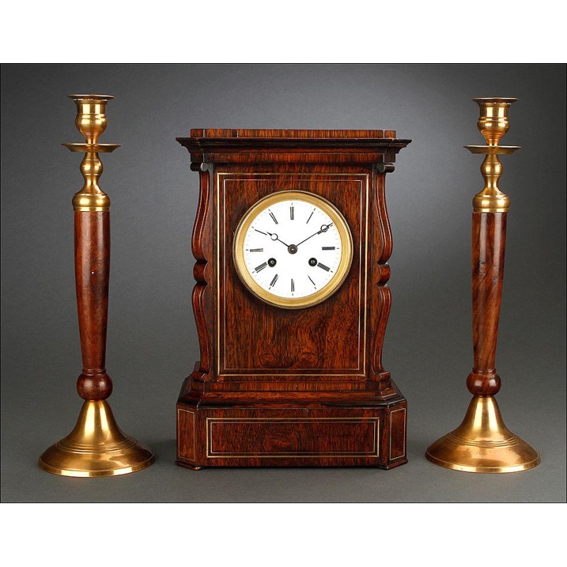 Elegant Clock Set with Wood and Brass Candlesticks. France, 1900s