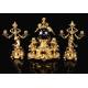 Gilded Bronze Clock and Candelabra Set. France, XIX Century