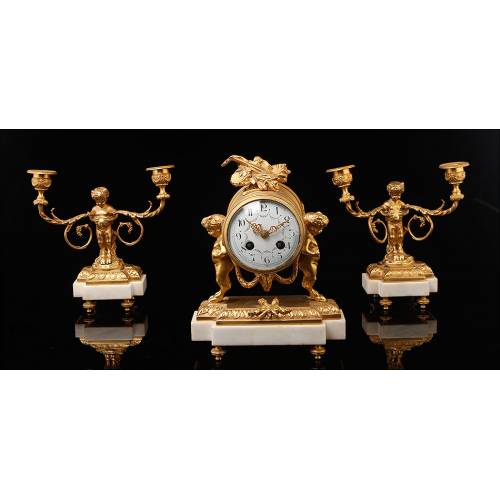 Set of Table Clock and Candelabra in Bronze and Marble. France, XIX Century