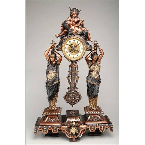 Impressive Polychrome Calamine Pendulum Clock.AD Mougin. France, Circa 1910