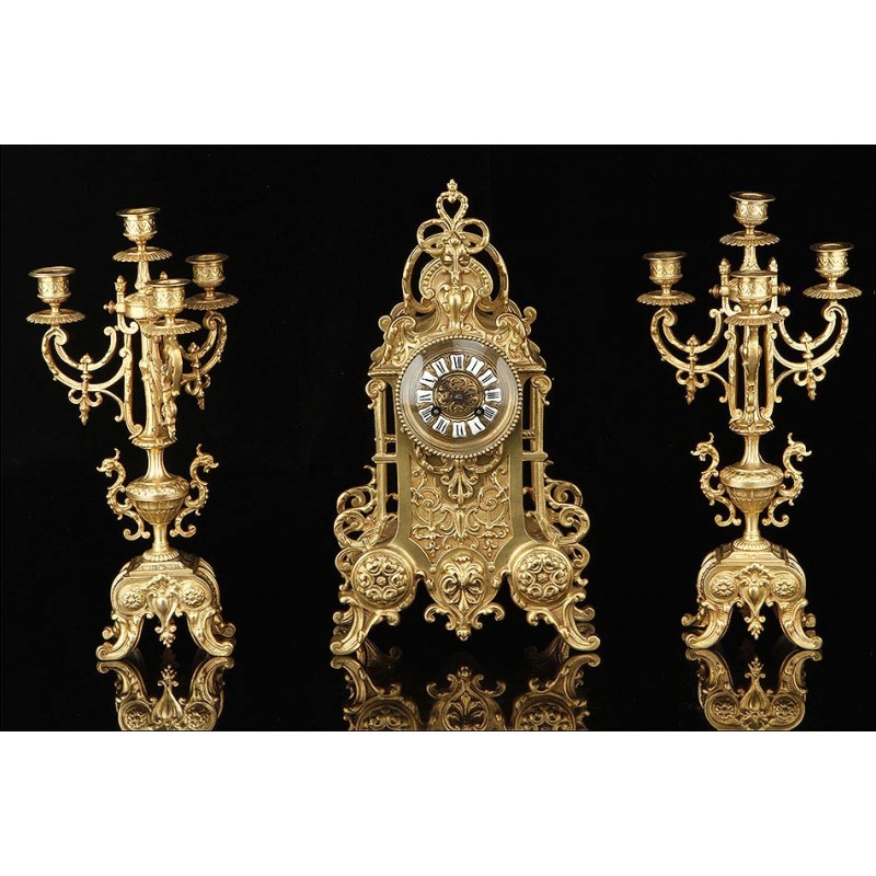 Antique Mantel Clock and Candlestick Set. France, 1900