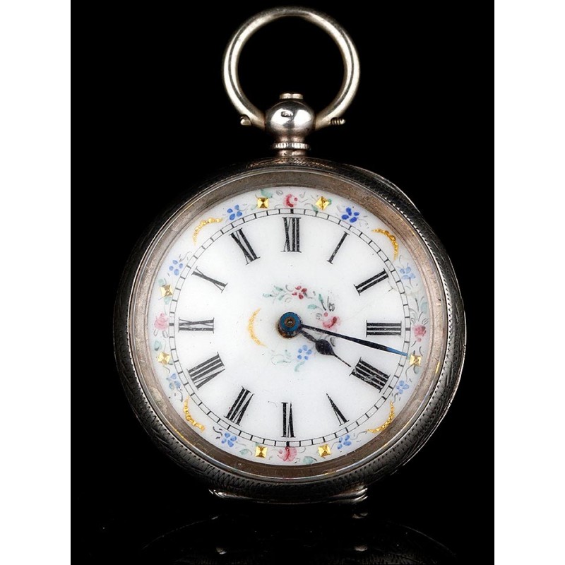 Reloj de Bolsillo Suizo de Plata Maciza. Esfera Esmaltada a Mano. Circa 1870, Funcionando