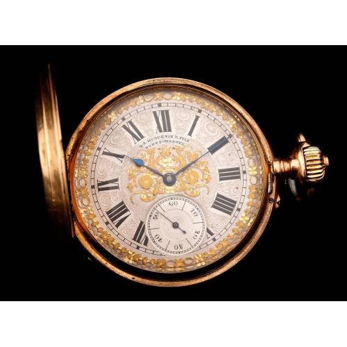 Impressive Geneva 18 K Gold Pocket Watch Signed by Huguenin. Switzerland, 1900