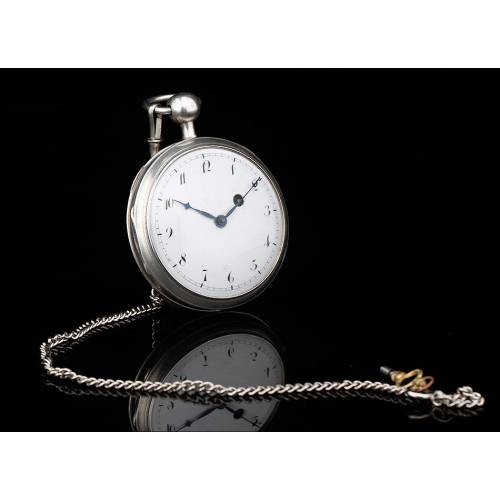 Antiguo Reloj Catalino de Bolsillo Suízo de Plata con Sonería a Cuartos. Circa 1800