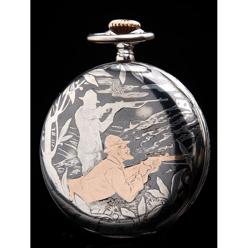 Antique Baltik Pocket Watch, silver nielloed and decorated. Switzerland, 1915