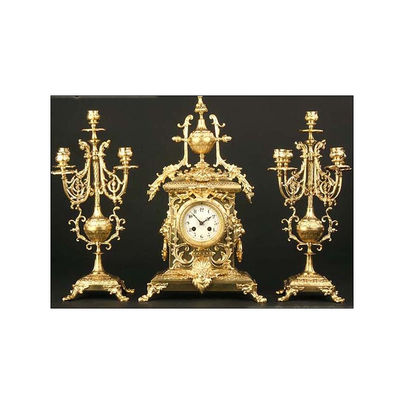 Bronze mantel clock and garnish. 1880