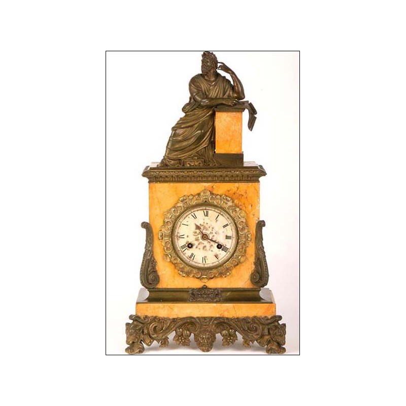 Antique French bronze and marble antique clock. Signed. c. 1850