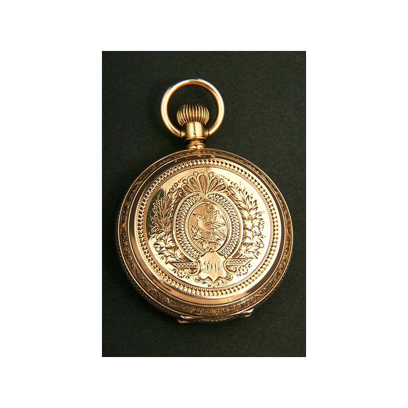 Eureka pocket watch in 14K solid gold. Circa 1881.