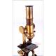 Beautiful Antique Double Pillar Microscope. France, 1875