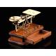 Gilt Brass Postal Scale with Wooden Base. Germany, 1920. With Set of Weights