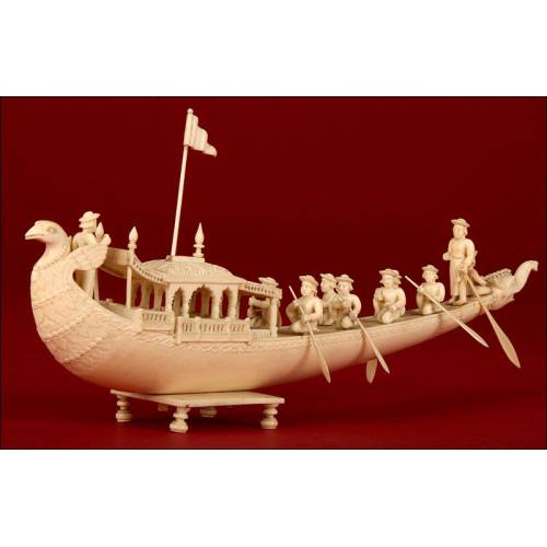 Stylized Oriental Ivory Boat from 1920. Delicately Hand Carved.