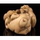 Antique Hand Carved Ivory Netsuke with Two Fu Lions. Japan, Circa 1900