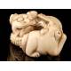 Antique Hand Carved Ivory Netsuke with Two Fu Lions. Japan, Circa 1900