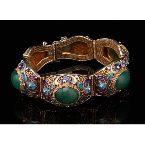 Elegant Enameled Silver Bracelet with Jades. China, 1930's